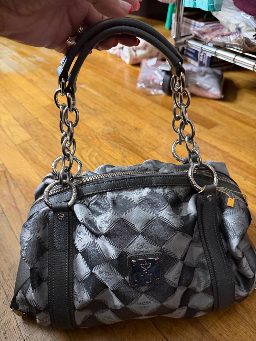 Authentic MCM Metallic Silver Jacquard Shoulder Tote Bag w/ Dust Bag